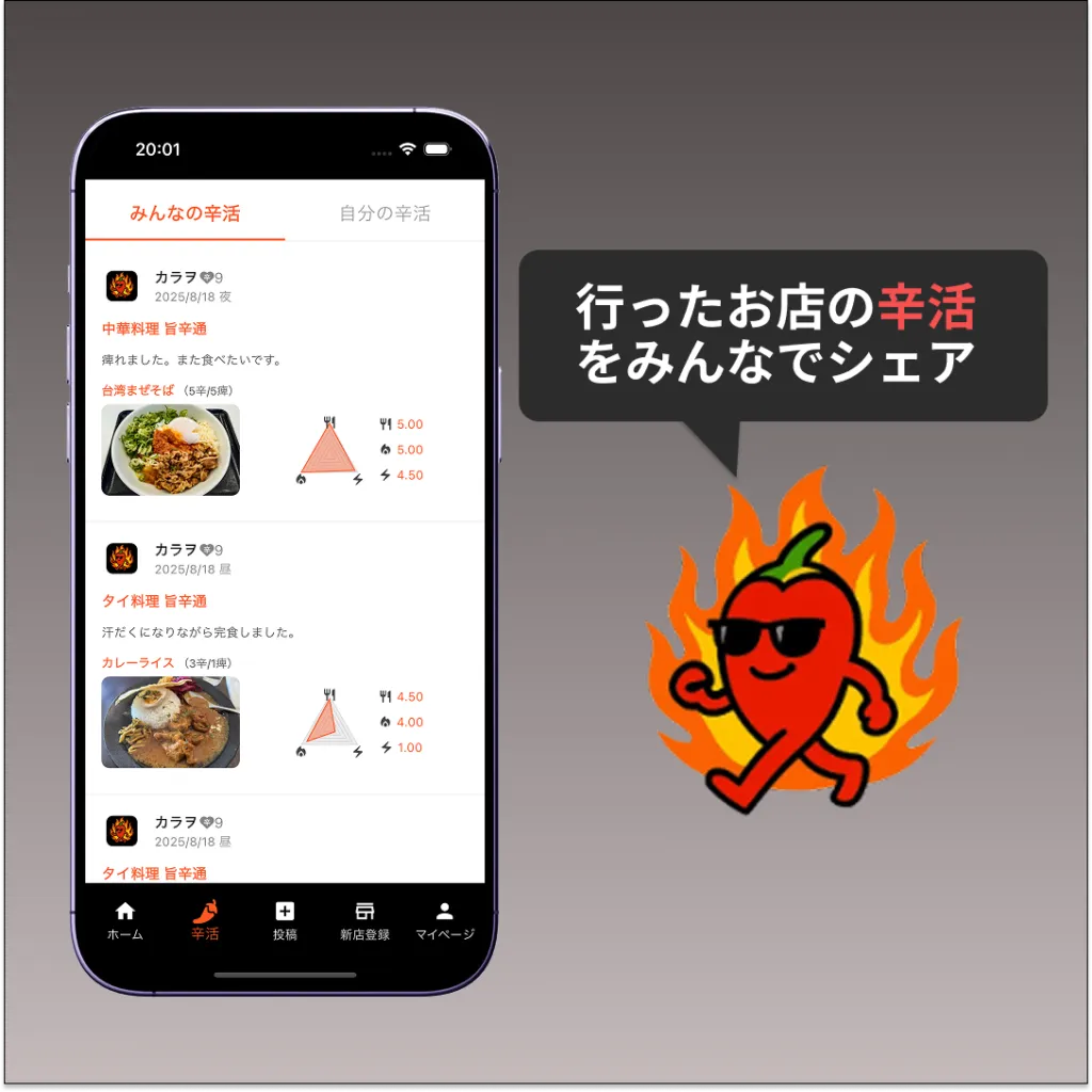 辛活の記録画面